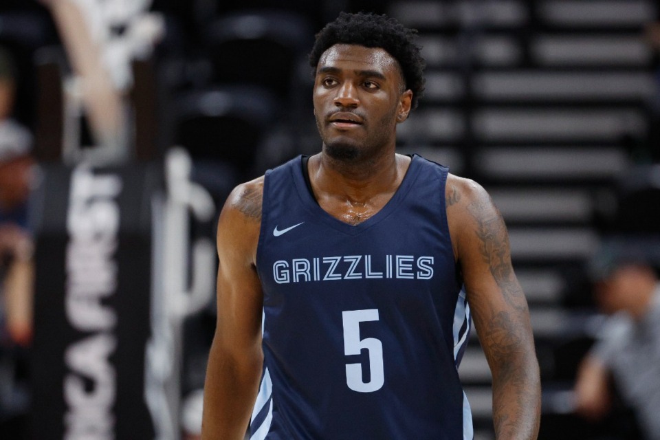 <strong>Memphis Grizzlies forward Vince Williams Jr. (5) walks the court against the Philadelphia 76ers during an NBA summer league basketball game Tuesday, July 5, 2022, in Salt Lake City.</strong> (AP Photo/Jeff Swinger)