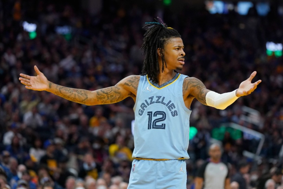 <strong>Memphis Grizzlies guard Ja Morant (12) reacts to an official's call during the playoff semifinal against the Golden State Warriors in San Francisco, Saturday, May 7, 2022. The player was recently nominated for two ESPY Awards.</strong>&nbsp;(AP Photo/Jeff Chiu)