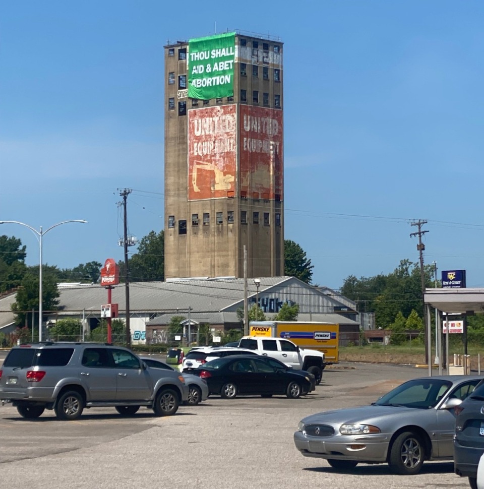 <strong>Over the weekend a green banner with an abortion-rights message was placed on Orange Mound Tower at&nbsp;2205 Lamar Ave. Owners of the building said they did not authorize placement of the banner.&nbsp;</strong>(Courtesy Kai Ross)