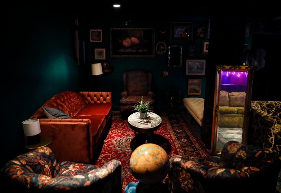 <strong>A variety of items adorn one of several themed seating areas in the Lucky Cowboy, a speakeasy, on Thursday, July 21, 2022, in the basement of 409 S. Main.</strong> (Mark Weber/The Daily Memphian)