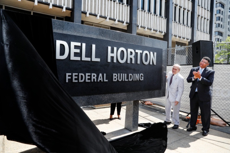 <strong>Congressman Steve Cohen and Odell Horton Jr., unveil a new sign for the Odell Horton Federal Building during a renaming ceremony on Monday, July 25, 2022.</strong> (Mark Weber/The Daily Memphian)