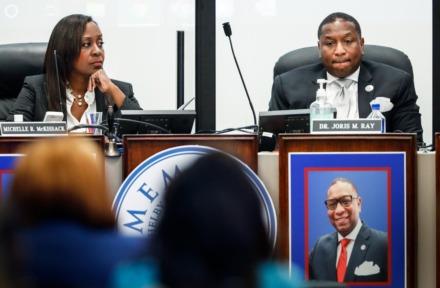 <strong>Memphis-Shelby County Schools Superintendent Joris Ray (right) and board member Michelle McKissack (left) during a special meeting on Wednesday, July 12, 2022. Ray was placed on paid administrated leave pending an investigation.</strong> (Mark Weber/The Daily Memphian)