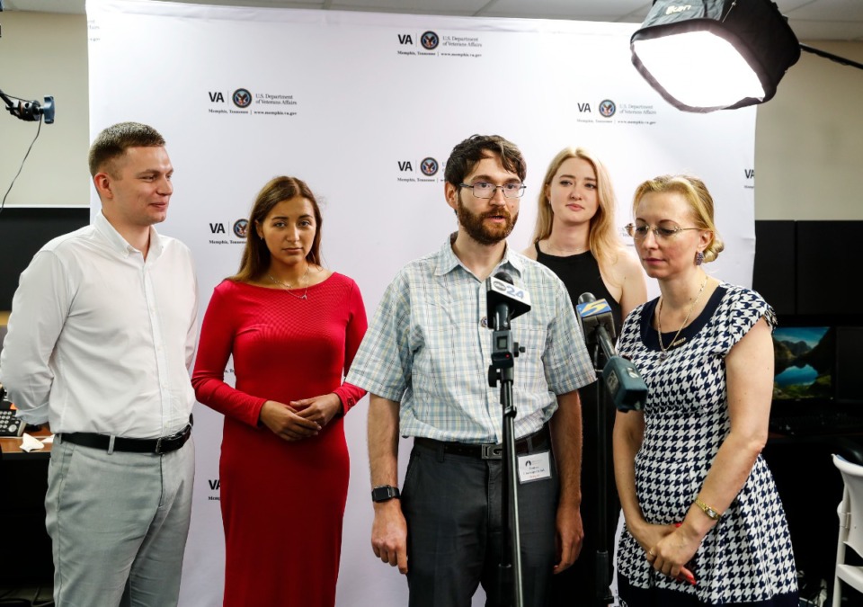 <strong>Dr. Maksym Chubak (middle) along with fellow Ukrainian physicians and their interpreter, speak to the media before touring the Memphis VA Medical Center on Tuesday, July 26, 2022.</strong> (Mark Weber/The Daily Memphian)