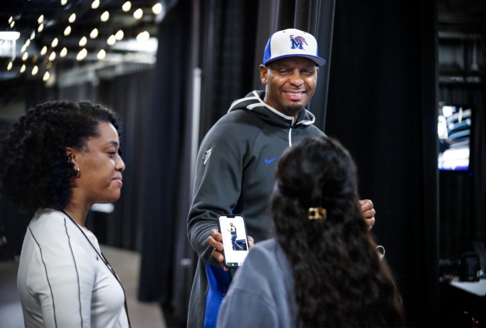<strong>Tigers head coach Penny Hardaway joked with staffers before a media availability in March in Portland, Oregon.</strong> (Mark Weber/The Daily Memphian file)