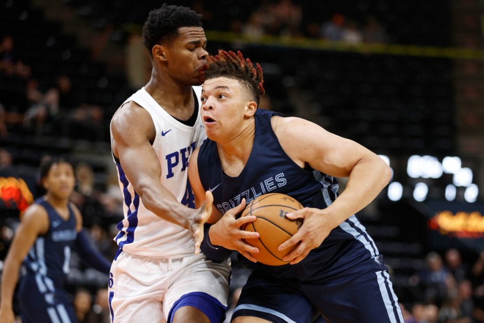 <strong>Memphis Grizzlies forward Kenny Lofton Jr., right, drives to the basket against Philadelphia 76ers forward Michael Foster Jr. during the first half of an NBA summer league basketball game Tuesday, July 5, 2022, in Salt Lake City.</strong> (AP Photo/Jeff Swinger file)