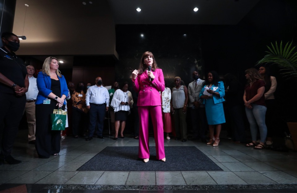 <strong>Cindy Ettingoff of Memphis Area Legal Services addresses the crowd before a ribbon-cutting ceremony for the new office location at One Memphis Place on July 29, 2022.</strong> (Patrick Lantrip/Daily Memphian)