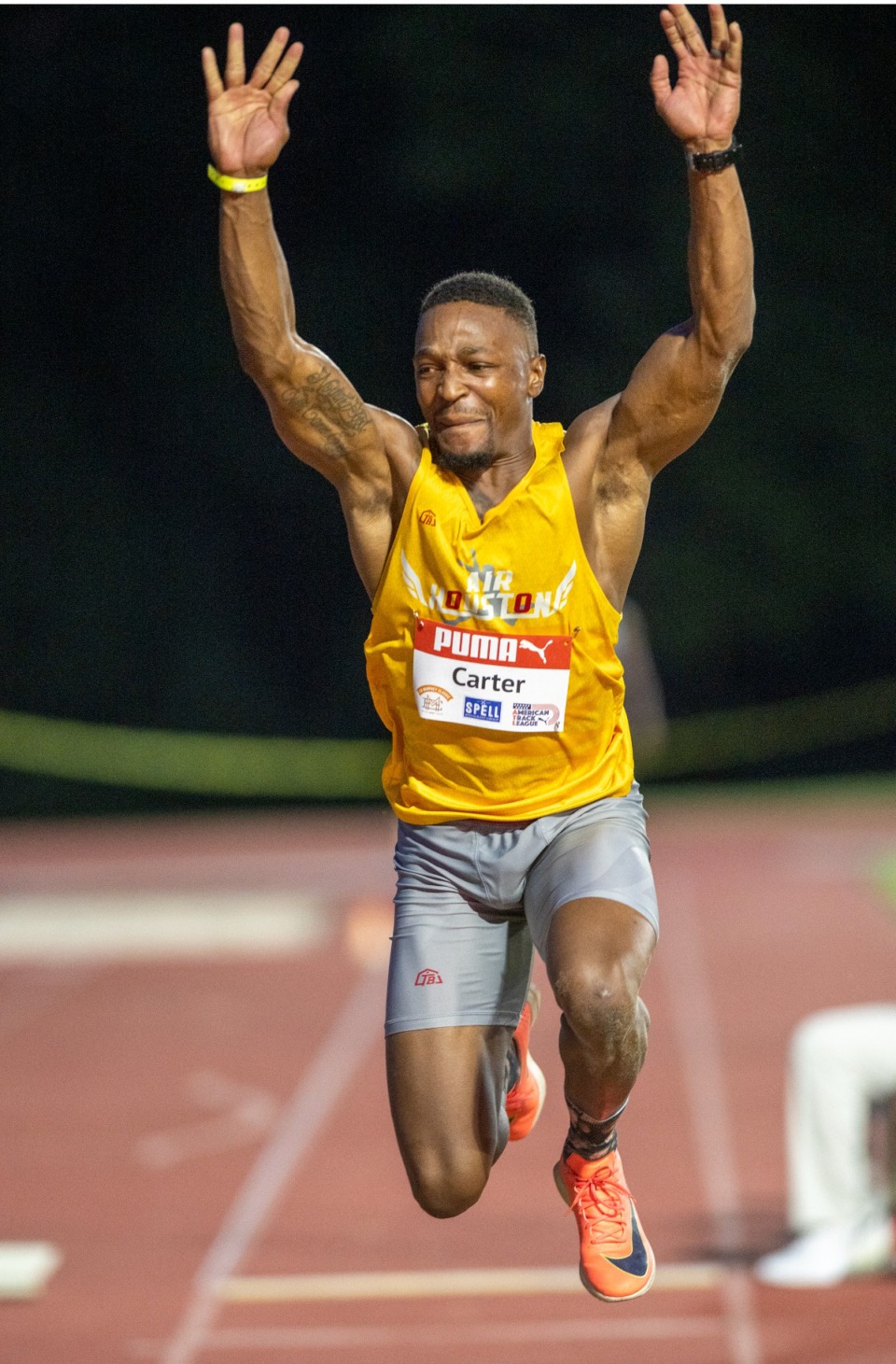 <strong>Chris Carter places second in the men's pro triple jump at the Ed Murphey Classic track meet at the University of Memphis South Campus, Friday, July 29. 2022.</strong>&nbsp;(Greg Campbell/Special to The Daily Memphian)