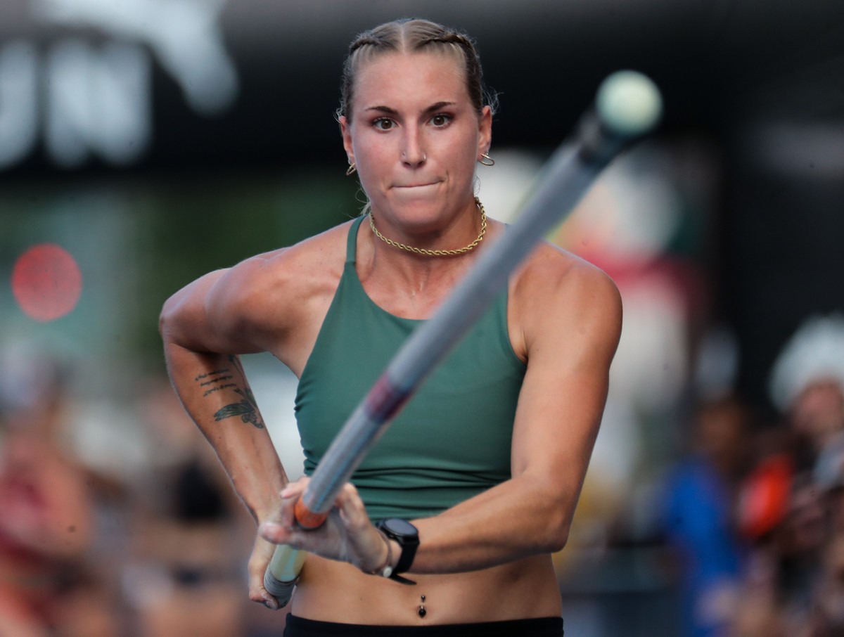 <strong>Jill Marois makes her approach during the pole vault event at the Ed Murphey Classic on Beale Street, July 30, 2022.</strong> (Patrick Lantrip/Daily Memphian)