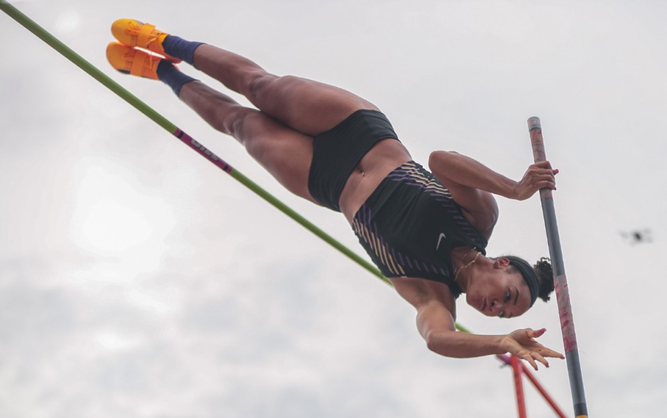 <strong>Kristen Brown clears the bar during the pole vault portion of the Ed Murphey Classic on Beale Street, July 30, 2022.</strong> (Patrick Lantrip/Daily Memphian)