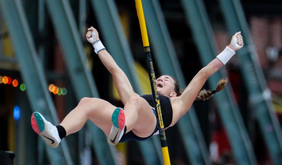 <strong>Bridget Williams celebrates after a winning pole vault in the Ed Murphey Classic on Beale Street, July 30, 2022.</strong> (Patrick Lantrip/Daily Memphian)