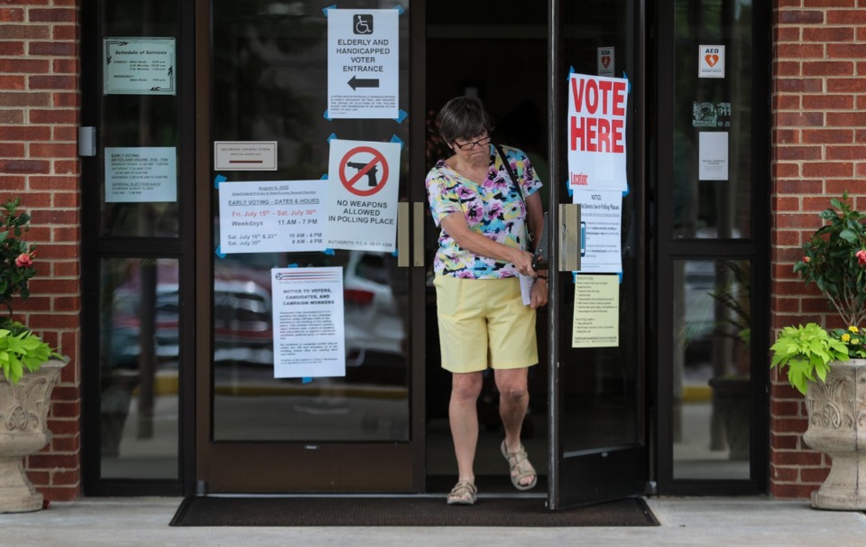 <strong>Early voters exit Collierville Church of Christ July 29, 2022.&nbsp;Saturday was the final day of early voting.</strong> (Patrick Lantrip/Daily Memphian)