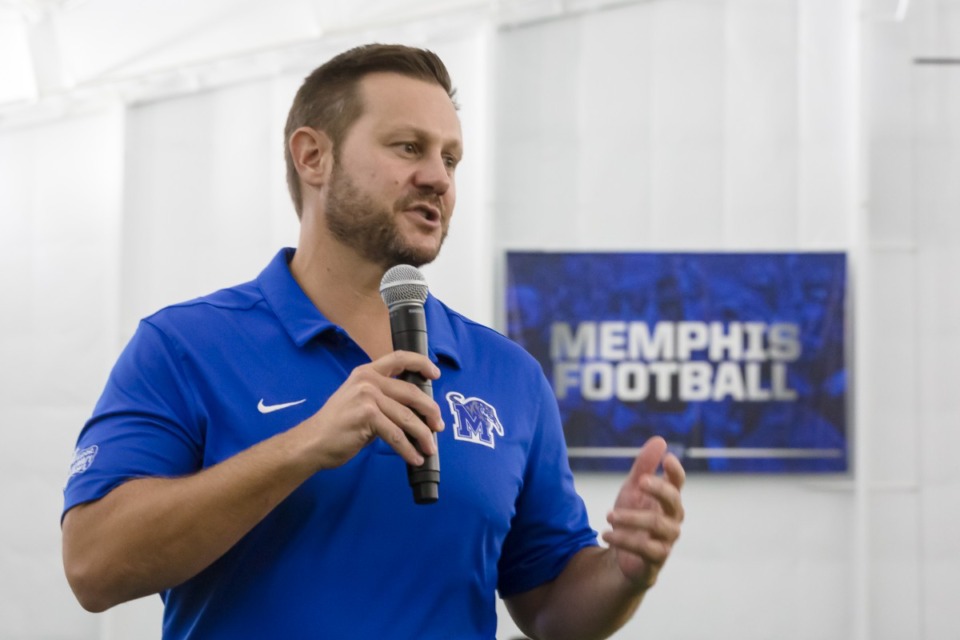 <strong>University of Memphis head football Coach Ryan Silverfield speaks during Highland 100 Season Kickoff Party at South Campus on Monday Aug. 1, 2022. </strong>(Ziggy Mack/Special to The Daily Memphian)