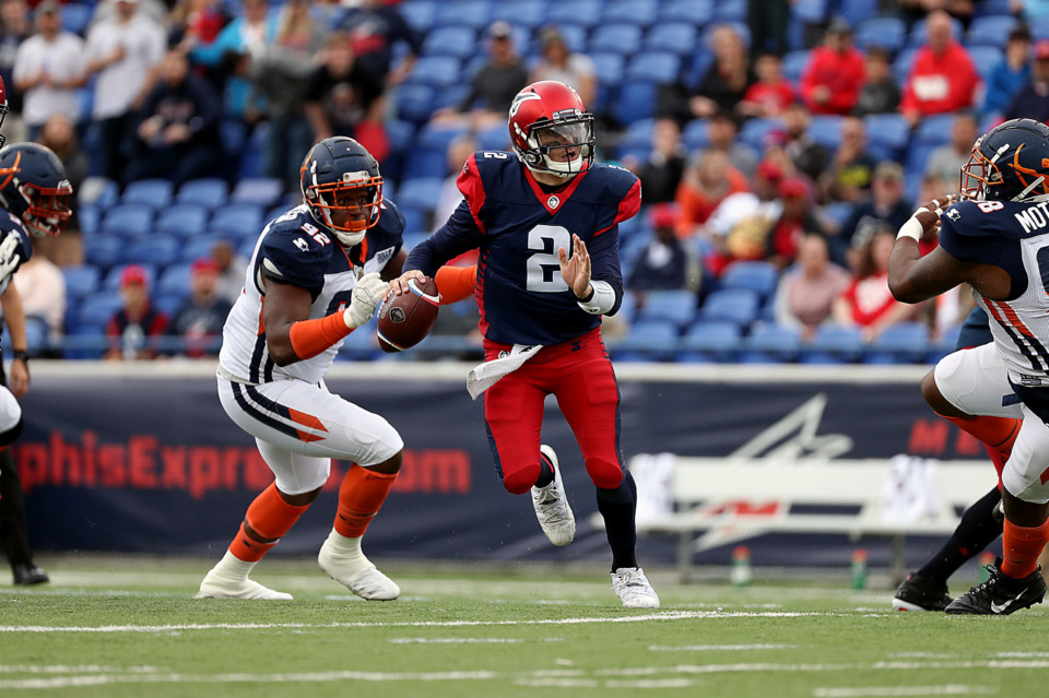<strong>Memphis Express quarterback Johnny Manziel (2) scrambles for a run during the first half of a Saturday, March 30, 2019, game against the Orlando Apollos at Liberty Bowl Stadium in Memphis.</strong> (Patrick Lantrip/Daily Memphian)