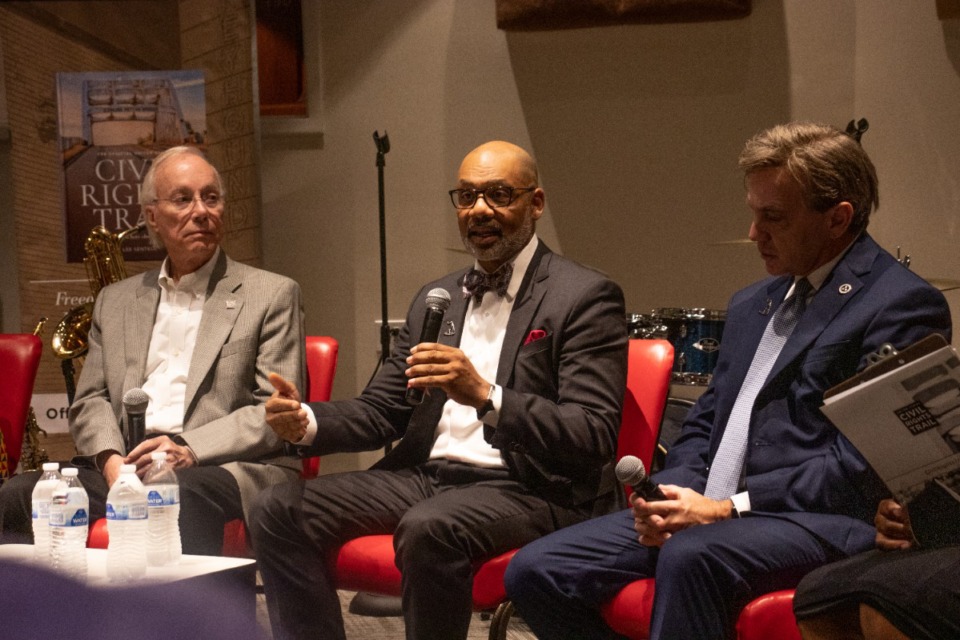 <strong>Author Lee Sentell (from left), National Civil Rights Museum President Russell Wigginton and Tennessee Department of Tourism Development Commissioner Mark Ezell were among panelists at the Stax Museum of American Soul Music on Tuesday, Aug. 2.</strong> (Daja E. Henry/Daily Memphian)