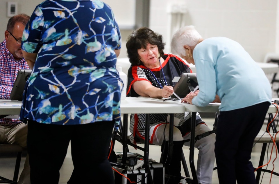 <strong>A poll worker signs in a voter on Election Day, Thursday, Aug. 4, 2022, in Arlington. </strong>(Mark Weber/The Daily Memphian)