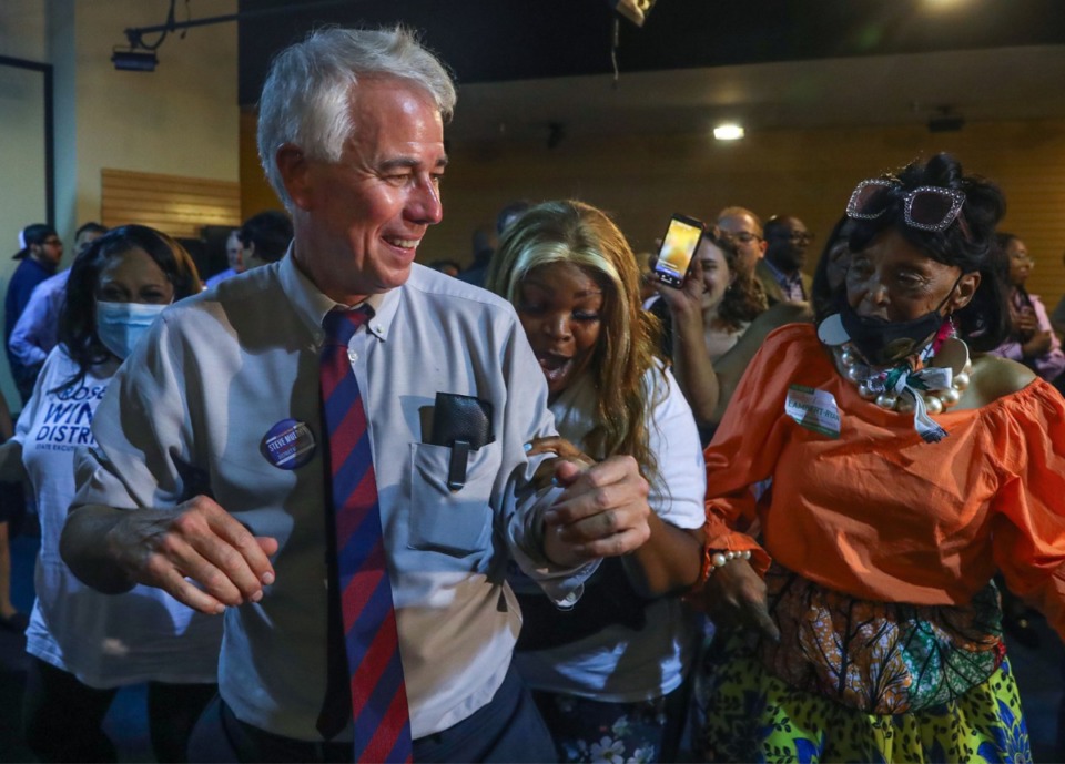 <strong>Steve Mulroy dances with Towanna Murphy after declaring victory in the Aug. 4, 2022, district attorney race.</strong> (Patrick Lantrip/Daily Memphian)
