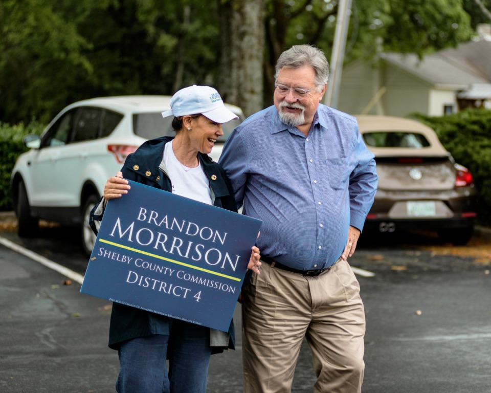 <strong>Brandon Morrison (left), the Republican incumbant for District 4 in the Shelby County Commission, greets a friend while campaigning in the May primaries outside Faith Presbyterian Church in Germantown. Morrison beat Democratic challenger Britney Chauncey by a better than a two-to-one margin on Thursday, Aug. 4.</strong> (Houston Cofield/Special to The Daily Memphian file)