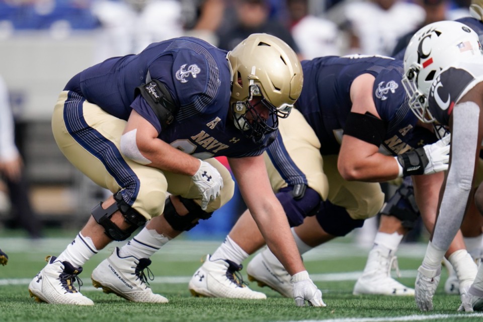 <strong>Navy offensive tackle Kip Frankland, from Houston High School, is a captain on the 2022 Naval Academy football team. Four of the last six seasons, the Naval Academy football team has featured a captain from the Memphis area. </strong>(Julio Cortez/Associated Press file)