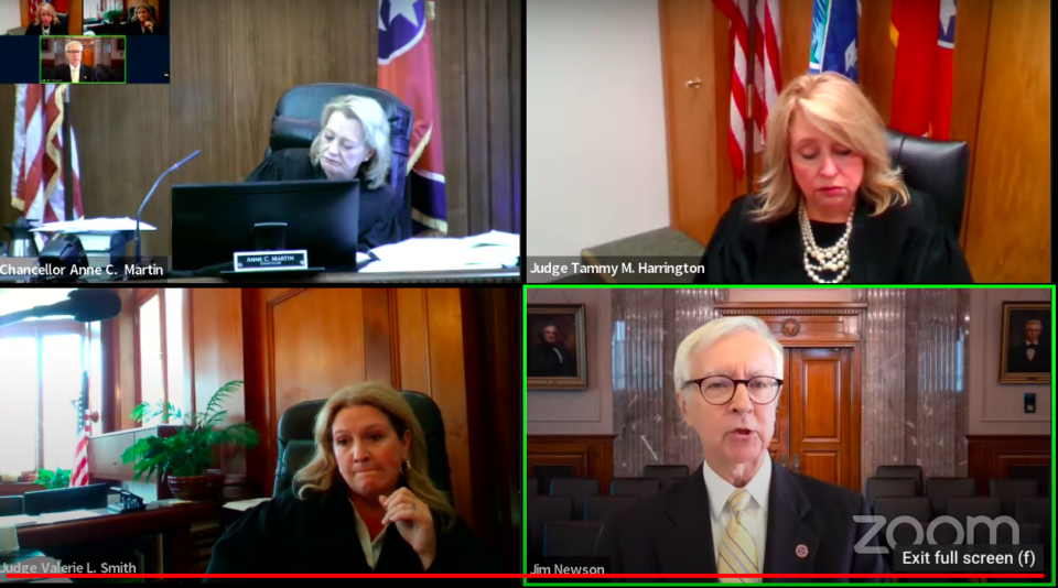 <strong>Jim Newsom (bottom right), of the Tennessee Attorney General&rsquo;s office, argues in favor of the 2019 Education Savings Account Act at a virtual hearing Friday, Aug. 5.</strong> (Screenshot from TNCourts&rsquo; YouTube page)