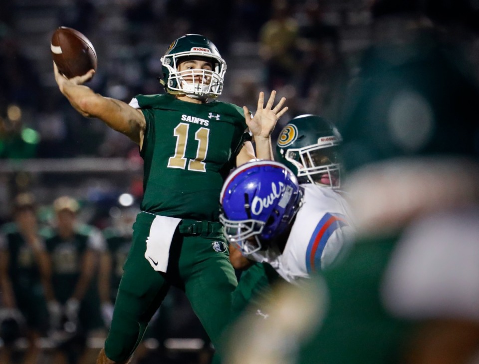 <strong>Briarcrest quarterback J.D. Sherrod makes a pass against the MUS defense during action on Friday, Oct. 1, 2021.</strong> (Mark Weber/The Daily Memphian file)