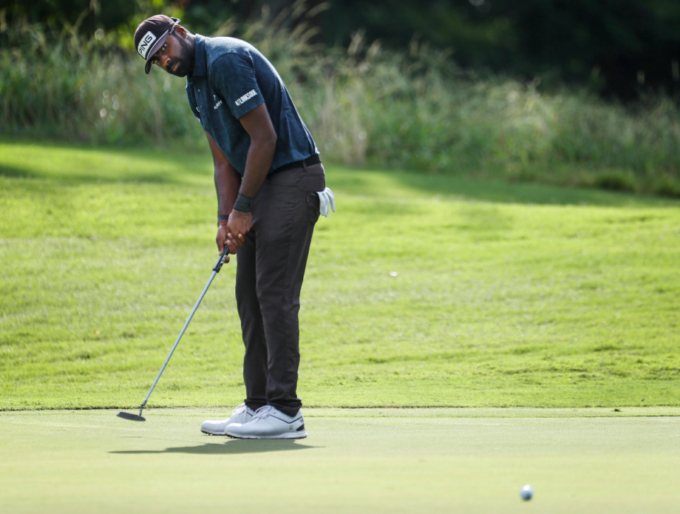 <strong>PGA golfer Sahith Theegala watches his putt on the 6th hole during first round action of the FedEx St. Jude Championship on Thursday, August 11, 2022.</strong> (Mark Weber/The Daily Memphian)