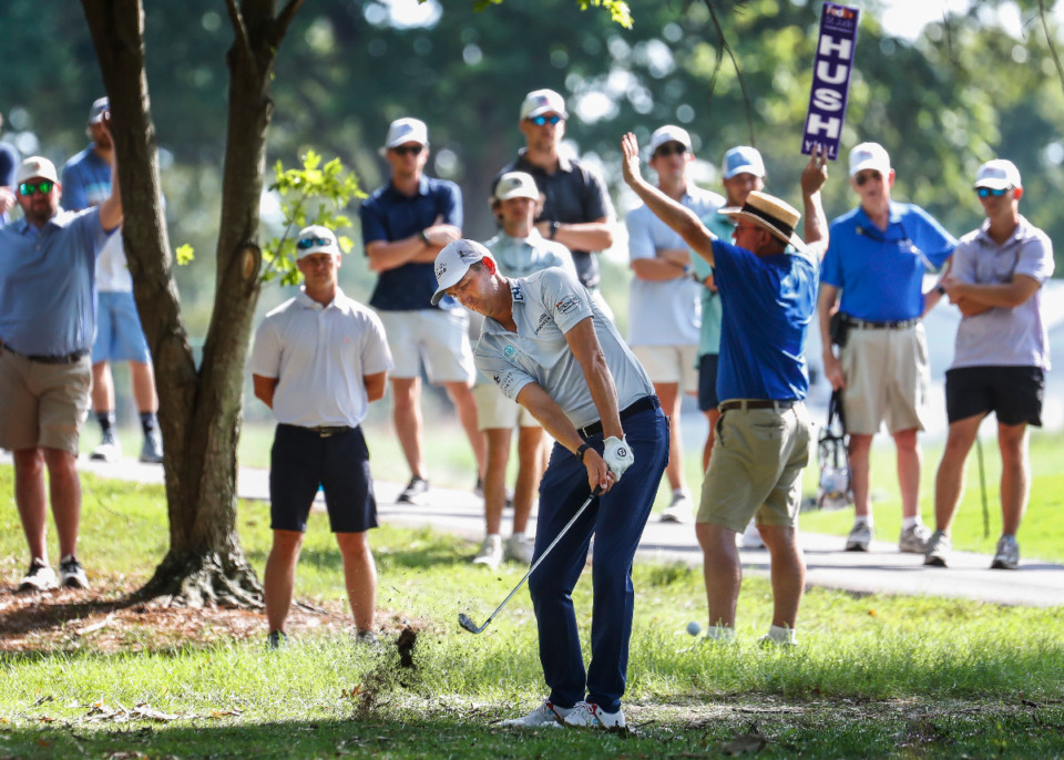 <strong>PGA golfer Brendon Todd hits from the out of bounds on the 9th hole during second round action of the FedEx St. Jude Championship on Friday, August 12, 2022.</strong> (Mark Weber/The Daily Memphian)
