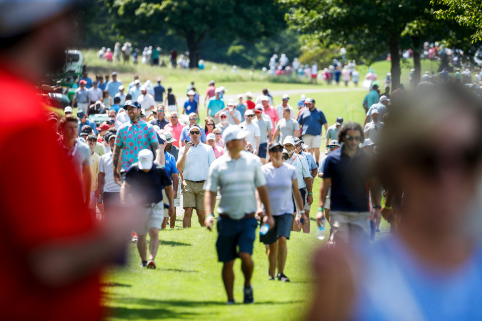 <strong>Fans move from hole to hole during second round action of the FedEx St. Jude Championship on Friday, August 12, 2022.</strong> (Mark Weber/The Daily Memphian)