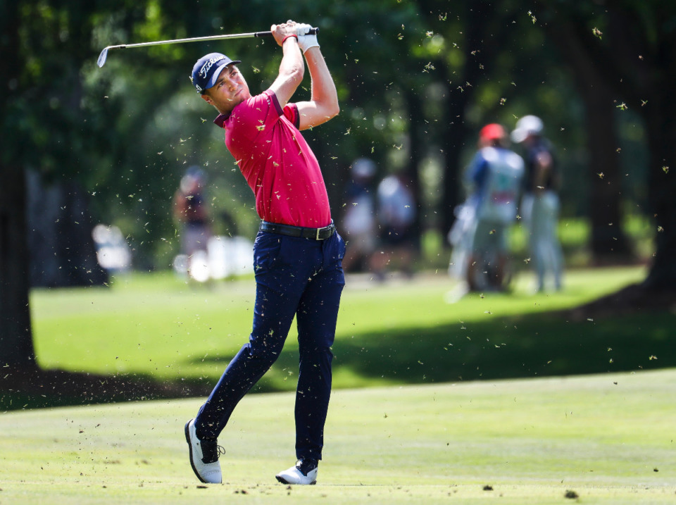 <strong>PGA golfer Justin Thomas this his 9th hole fairway shot during second round action of the FedEx St. Jude Championship on Friday, August 12, 2022.</strong> (Mark Weber/The Daily Memphian)