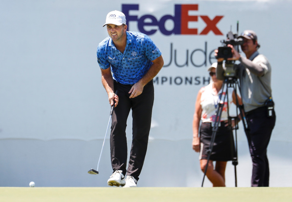 <strong>PGA golfer Denny McCarthy lines up his putt on the 17th hole during second round action of the FedEx St. Jude Championship on Friday, August 12, 2022.</strong> (Mark Weber/The Daily Memphian)