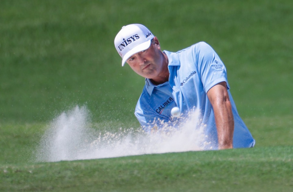<strong>Ryan Palmer blasts on to the green during the FedEx St. Jude Championship at TPC Southwind Aug. 13, 2022.</strong> (Patrick Lantrip/Daily Memphian)