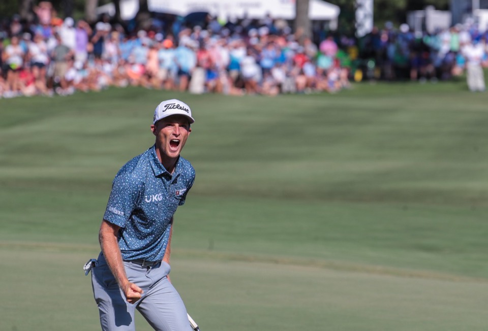 <strong>Will Zalatoris celebrates after sinking a putt on the 18th hole of the FedEx St. Jude Championship at TPC Southwind Aug. 14, 2022.</strong> (Patrick Lantrip/Daily Memphian)
