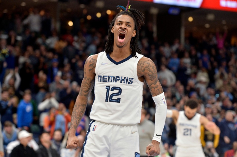 <strong>Memphis Grizzlies guard Ja Morant (12) reacts during the second half of the teams&rsquo; NBA basketball game against the New York Knicks on Friday, March 11, 2022, in Memphis, Tennessee.</strong> (AP Photo/Brandon Dill)