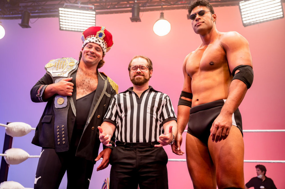 <strong>A still from &ldquo;Young Rock&rdquo; episode 212. Pictured, left to right: Michael Strassner as Jerry Lawler, Ryan Pinkston as Downtown Bruno, Uli Latukefu as Dwayne Johnson.</strong> (Photo credit: Mark Taylor/NBC)