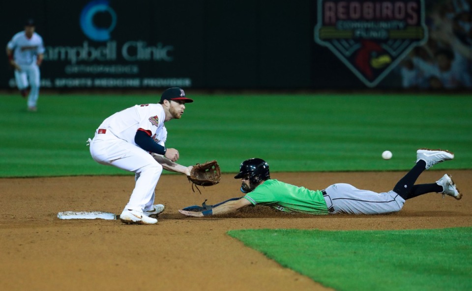 <strong>Memphis Redbirds&rsquo; Cory Spangenberg tags a runner out during an April 5, 2022, home game against the Gwinnett Stripers.</strong> (Patrick Lantrip/Daily Memphian file)