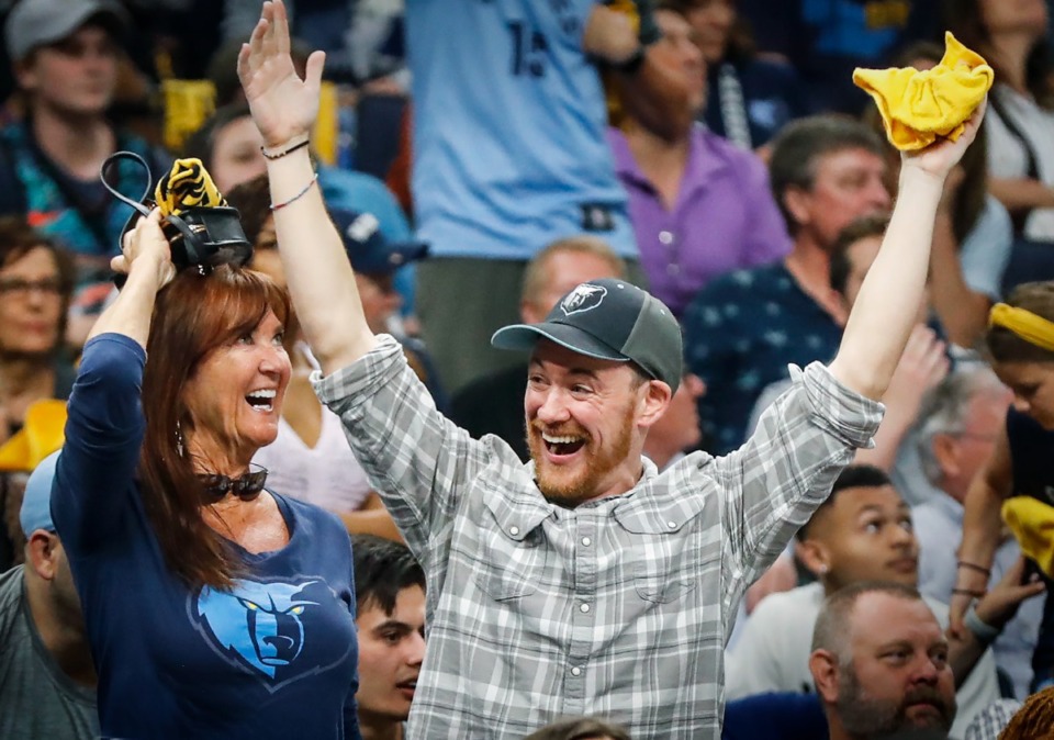 <strong>Memphis Grizzlies fans celebrate during a victory over the Golden State Warriors on Wednesday, May 11, 2022.</strong> (Mark Weber/The Daily Memphian)