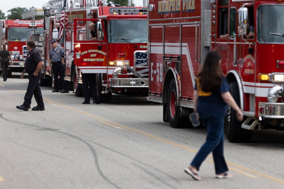 <strong>Fire trucks are lined up for the Sea of Red procession Sunday.</strong> (Brad Vest/Special to The Daily Memphian)