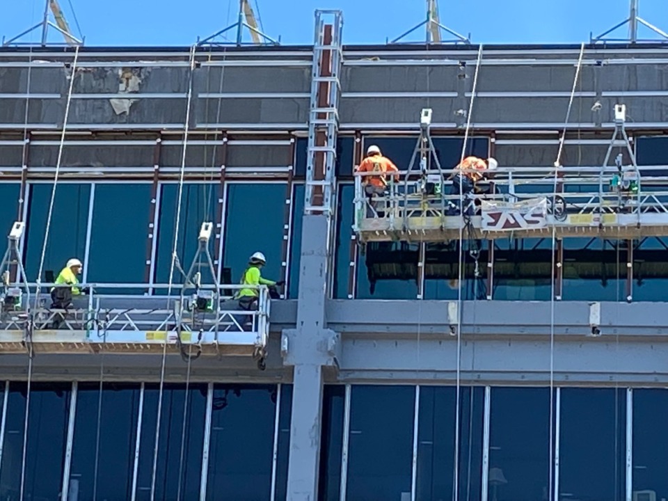 <strong>Workers have been replacing the marble trim around windows on the upper floor of City Hall for several months now. The City Council votes on $7 million in funding for the work at the Tuesday, Aug. 23, council session.</strong> (Bill Dries/Daily Memphian)
