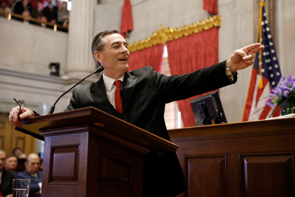 <strong>House Speaker Glen Casada, R-Franklin, speaks after being sworn in on the opening day of the 111th General Assembly, in January 2019 in Nashville.</strong> (AP Photo/Mark Humphrey)