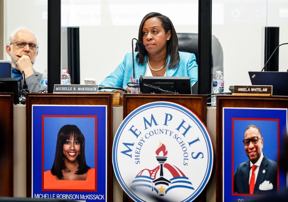 <strong>Memphis-Shelby County Schools board member Michelle Robinson McKissack (middle) attends a special called meeting where</strong>&nbsp;<strong>Joris Ray resigned from his position as superintendent.&nbsp;Ray was put on paid leave on July 13 after the Board voted 7-2 to open a full investigation into allegations of his misconduct.</strong>&nbsp; (Mark Weber/The Daily Memphian)