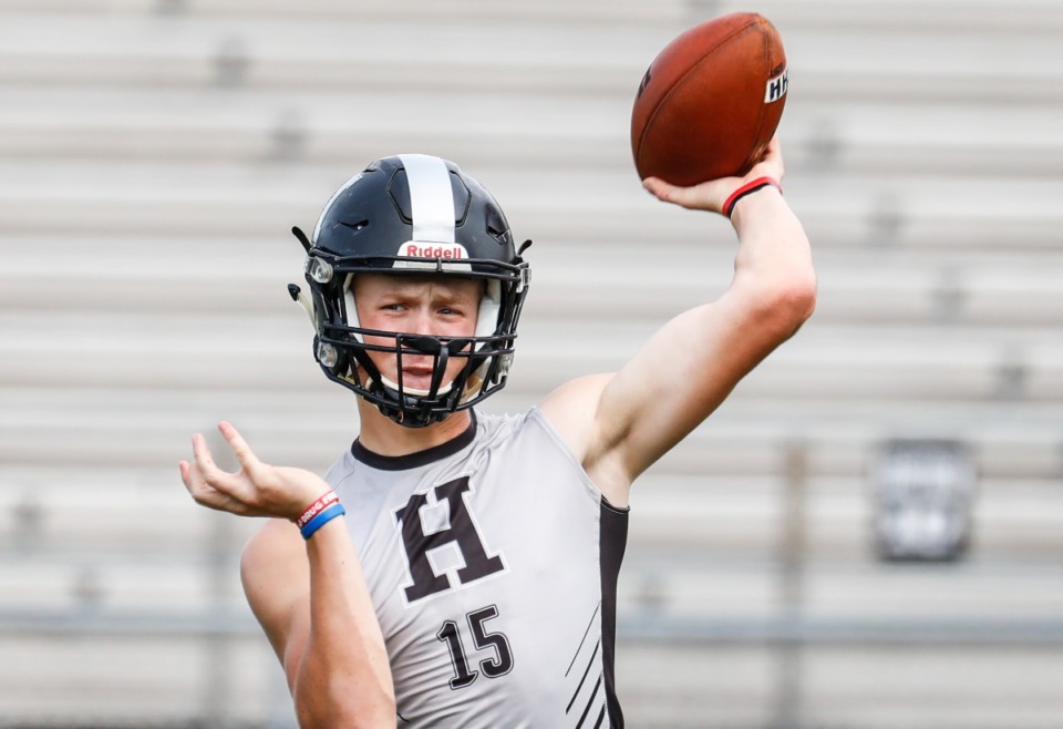 <strong>Houston quarterback Chandler Day passes during practice on Monday, Aug. 22, 2022.</strong> (Mark Weber/The Daily Memphian)
