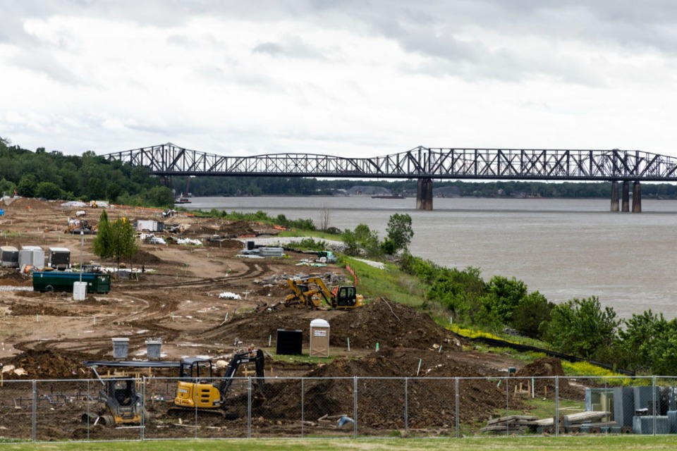 <strong>Work continues on the Tom Lee Park renovation during the Tom Lee Day celebration at Beale Street Landing on May 6, 2022.</strong> (Brad Vest/Special to The Daily Memphian)