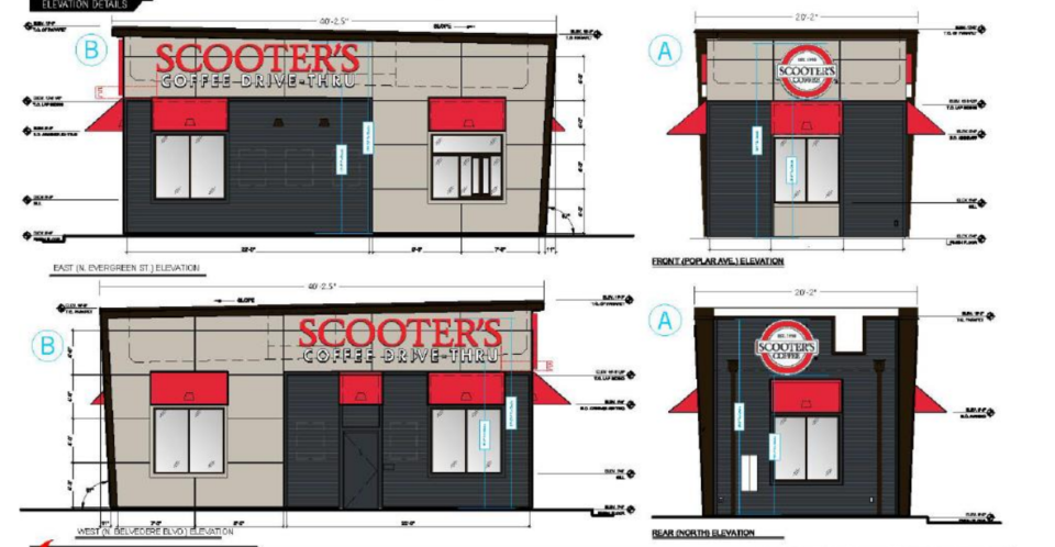 <strong>Scooter&rsquo;s Coffee Shop site plan renderings for its 1698 Poplar Ave. in Midtown location.</strong>&nbsp;(Courtesy Lindfield, Hunter and Junius Inc.)