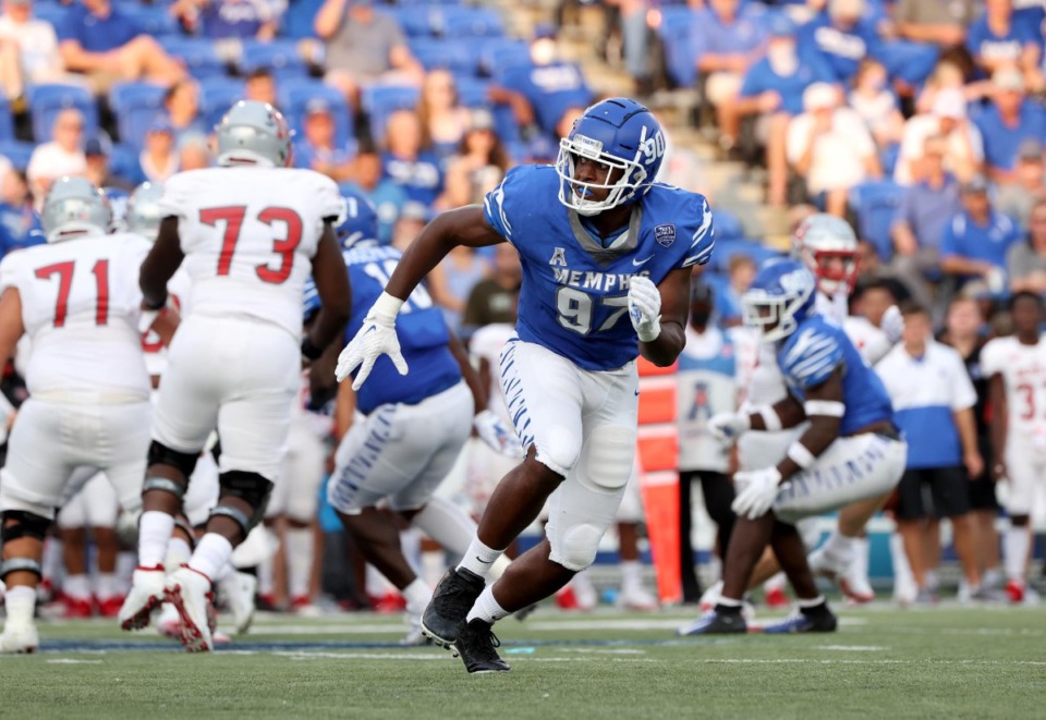 <strong>University of Memphis defensive lineman Wardalis Ducksworth makes a move as the Tigers face Nicholls State, Sept. 4, 2021 at Simmons Bank Liberty Stadium.</strong> (Courtesy Memphis Athletics)