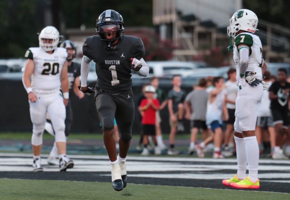 <strong>Houston receiver Triston Lurry (1) celebrates after scoring a touchdown during the Aug. 26, 2022, game against Briarcrest.</strong> (Patrick Lantrip/Daily Memphian)