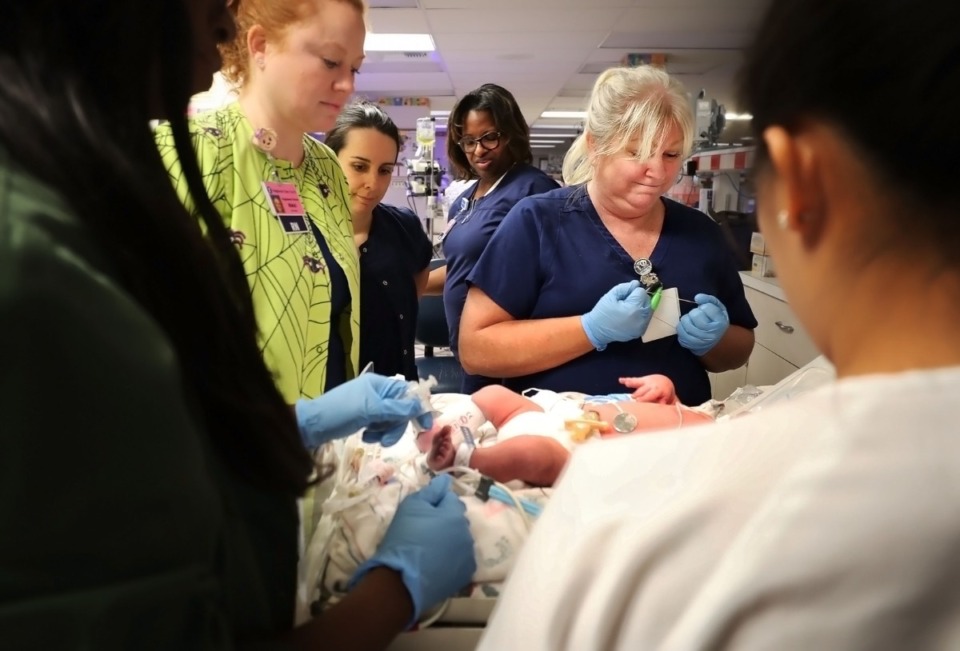 <strong>County Commissioners will vote Monday, Aug. 29 on funding for Regional One. Nurses (in a 2018 file photo) treat a newly admitted infant at Regional One Health's NICU (neonatal intensive care unit).</strong> (Jim Weber/The Daily Memphian)