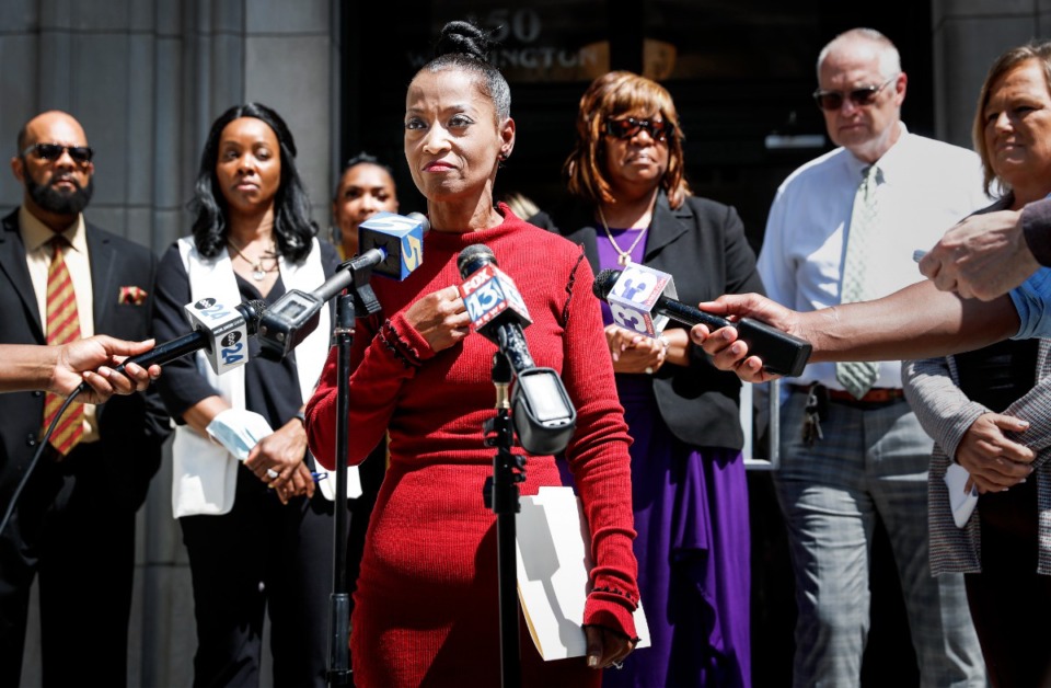 <strong>Shelby County Clerk Wanda Halbert speaks to the media while surrounded by her staff on Monday, Aug. 29.</strong> (Mark Weber/The Daily Memphian)