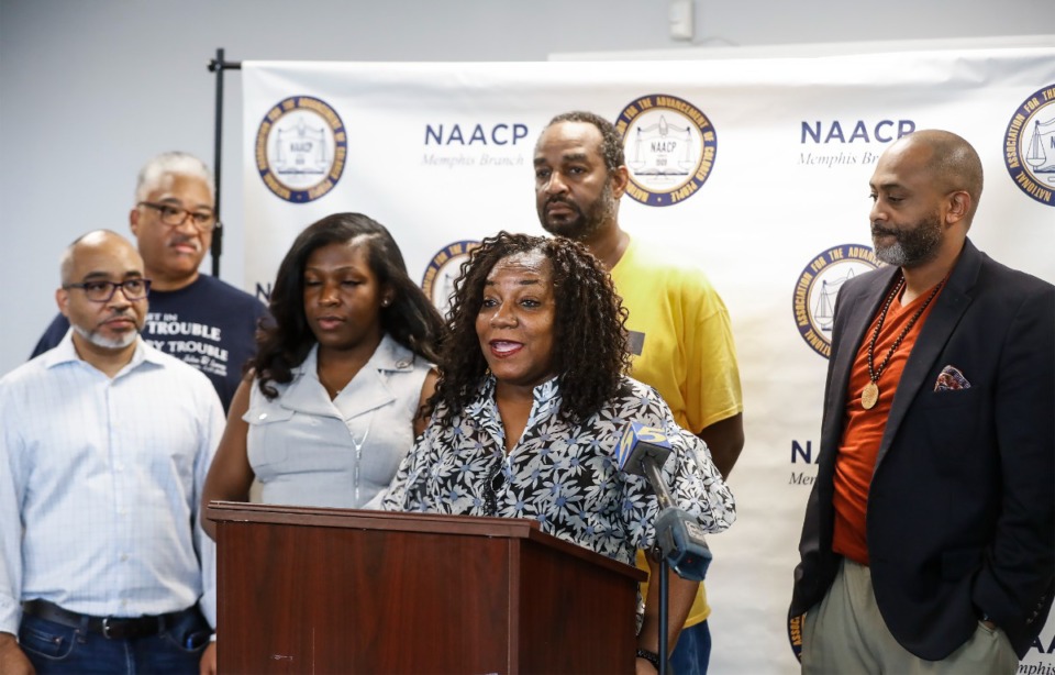 <strong>NAACP Memphis branch executive director Vickie Terry (middle) led a press conference discussing opposition to Memphis City Council redistricting plans on Monday, Aug. 29, 2022.</strong> (Mark Weber/The Daily Memphian)