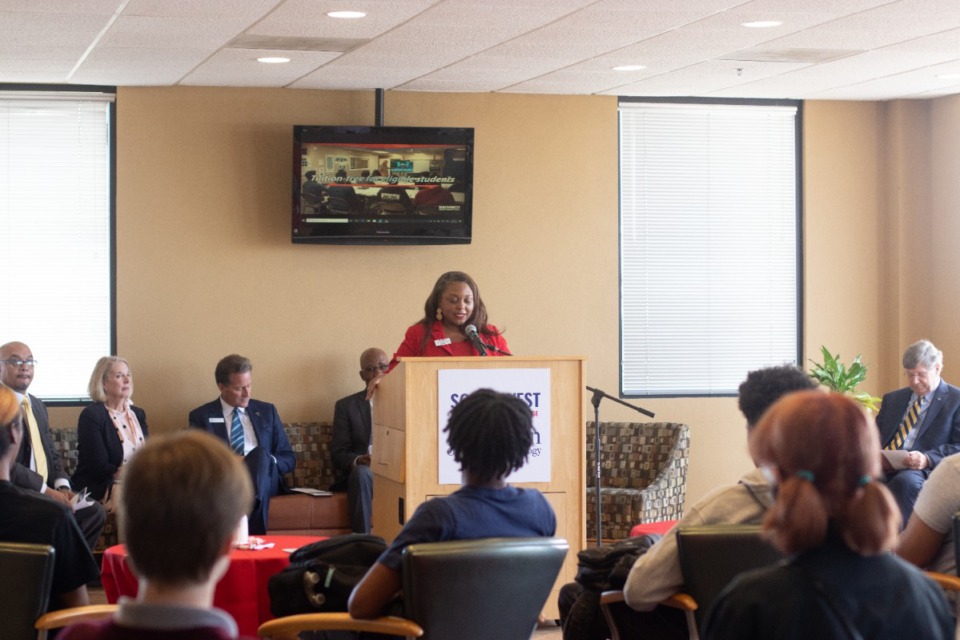 <strong>Southwest Tennesee Community College president Tracy Hall unveiled the two-year aviation program at the Olive Branch Airport.</strong> (Daja E. Henry/The Daily Memphian)