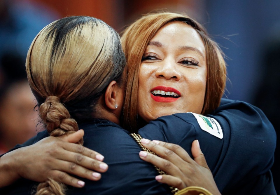 <strong>Memphis-Shelby County Schools CFO Toni Williams is congratulated after being named interim superintendent on Tuesday, Aug. 30.</strong> (Mark Weber/The Daily Memphian)