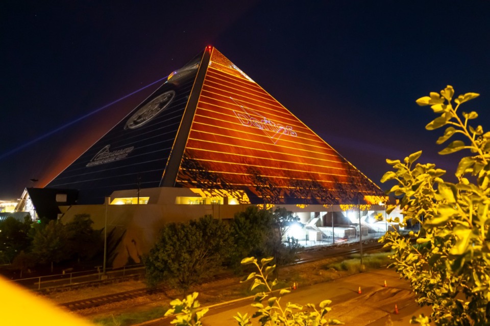 <strong>Doritos adds a light installation on Bass Pro Shops at the Pyramid Thursday, Aug. 25, 2022.</strong> (Ziggy Mack/Special to The Daily Memphian)